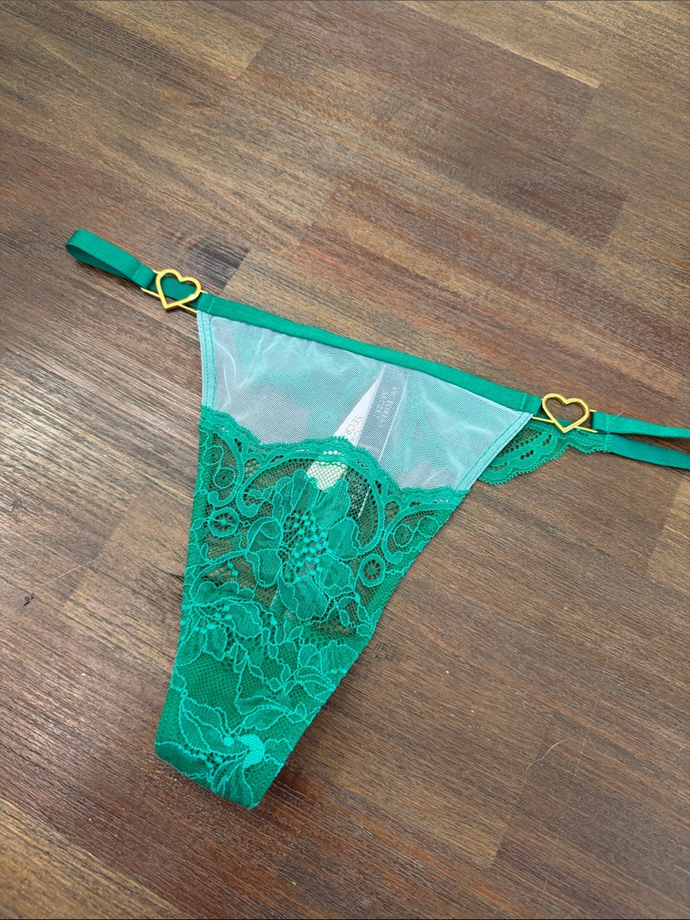 Victoria's Secret Green Lace & Mesh G-String Panty with Gold Heart Accents